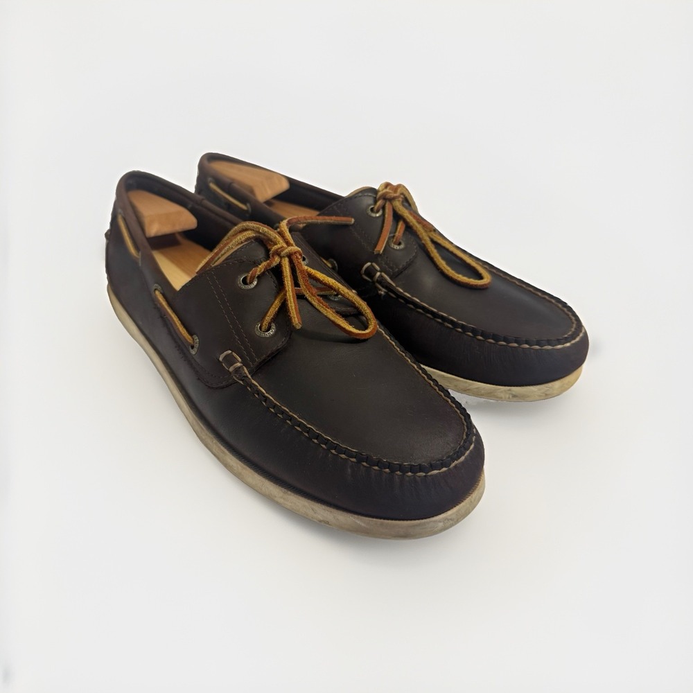 LL Bean Mens Brown Leather Boat Shoes  Toe Lace Up Casual Loafers Moc size 13